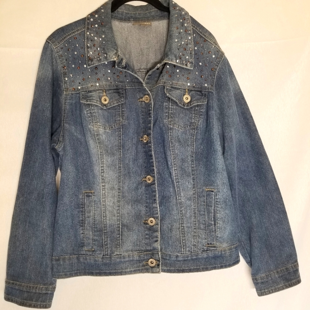 Roz & Ali Denim Jacket Woman Size 14/16 Button Down Silver Bronze Embellished